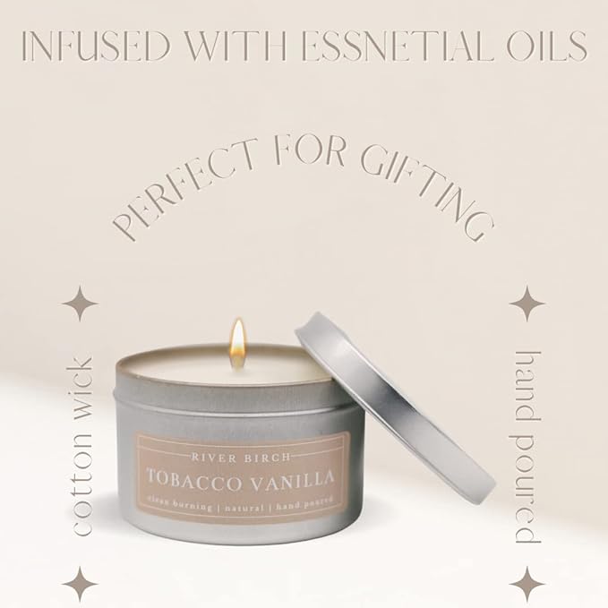 River Birch Candles Tobacco Vanilla Scented Candle | Premium, All-Natural, Non-Toxic, Soy Candles | 8 oz. Silver Tin Travel Candle | Cozy Relaxing Gifts for Home - Bloomnest