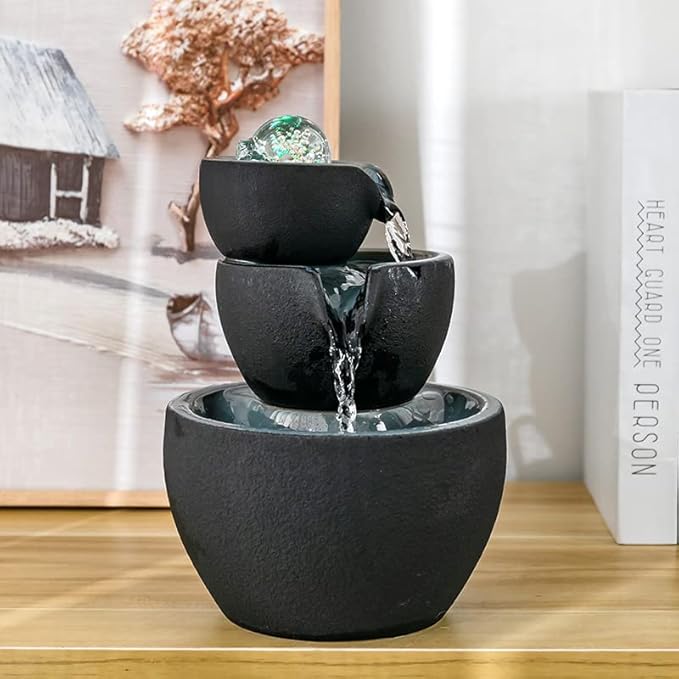 Ceramic Tabletop Fountain with Ball for Indoor Table Desk Office and Home Decoration (Black) - Bloomnest