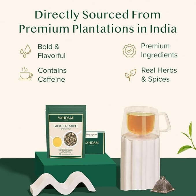 VAHDAM, Ginger Mint Green Tea Loose Leaf (50+ Cups, 3.5oz) Blend Of Ginger Tea & Mint Tea | Pure Green Tea Leaves | High Elevation Grown | Vacuum Sealed - Bloomnest