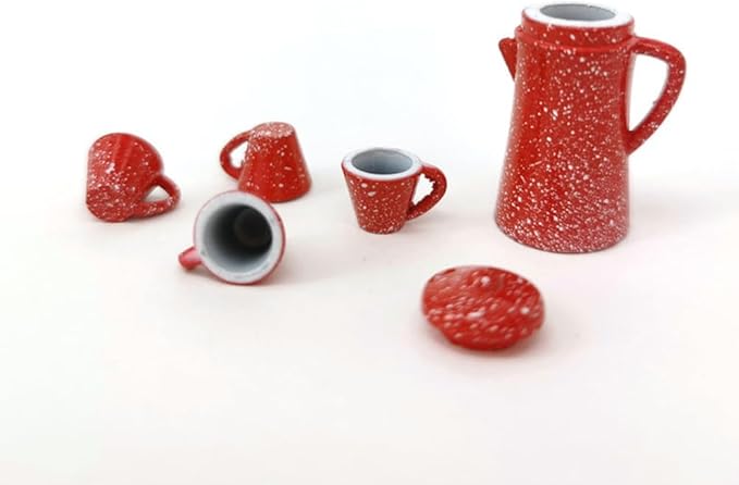 LOGOFUN 5pcs Dollhouse Miniature Tea Cup Set Tiny Tea Party Set Simulation Teapot Set (Red)