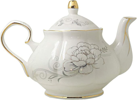 Jomop Ceramic Tea pot Floral Design White 855ml About 4 Cups (Gold)