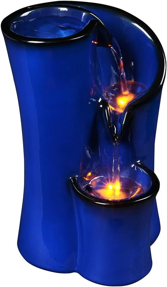Indoor Water Fountain Imitation Ceramics Appearance Tabletop Relaxation Desktop Waterfall w/ 3 Reflective led, 9.8 Inch Tall (Blue) - Bloomnest