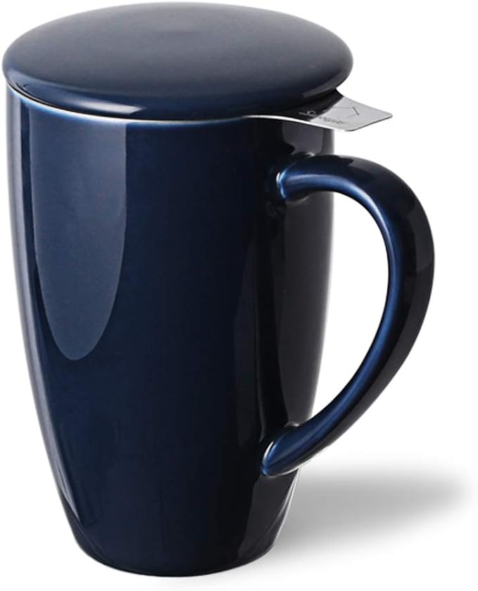 Sweejar Porcelain Tea Infuser Cup with Lid, 16 oz Tea Cup with Strainers for Loose Leaf Tea, Microwave and Dishwasher Safe Coffee Mug, Tea Steeping Mug for Tea Drinkers,Christmas Gift (Navy) - Bloomnest