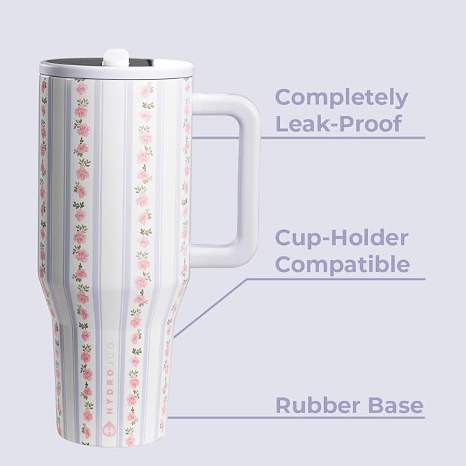 HydroJug Traveler - 40 oz Water Bottle with Handle & Flip Straw - Fits in Cup Holder, Leak Resistant Tumbler-Reusable Insulated Stainless Steel & Rubber Base - Gifts for Women & Men, Primrose Hydrojug