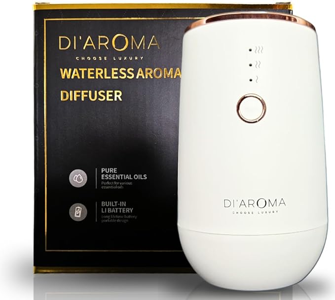 Waterless Essential Oil Diffuser – Portable Nebulizing Aroma Oil Diffuser for Car, Home & Office, USB Rechargeable, Silent Operation, No Water Needed, Di'Aroma (White) - Bloomnest