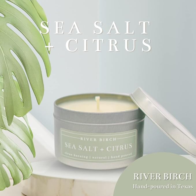 River Birch Candles Sea Salt + Citrus Scented Candle | Premium, All-Natural, Non-Toxic, Soy Candles | 8 oz. Silver Tin Travel Candle | Cozy Relaxing Gifts for Home - Bloomnest