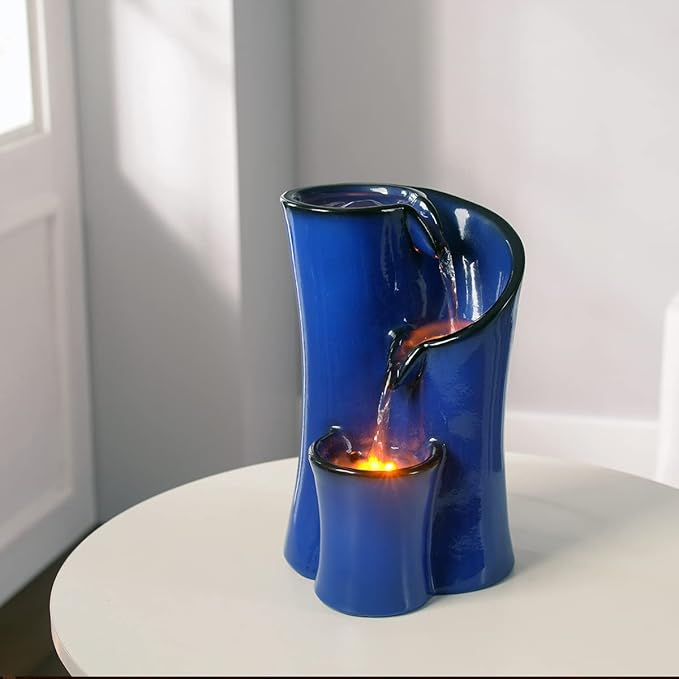 Indoor Water Fountain Imitation Ceramics Appearance Tabletop Relaxation Desktop Waterfall w/ 3 Reflective led, 9.8 Inch Tall (Blue) - Bloomnest