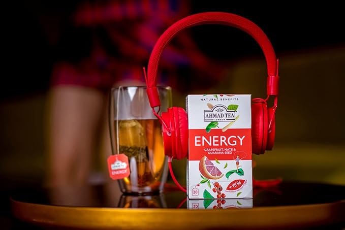 Ahmad Tea Herbal Tea, Grapefruit, Mate, Guarana Seed, & Vitamin B6 'Energy' Natural Benefits Teabags, 20 ct (Pack of 1) - Caffeinated & Sugar-Free - Bloomnest