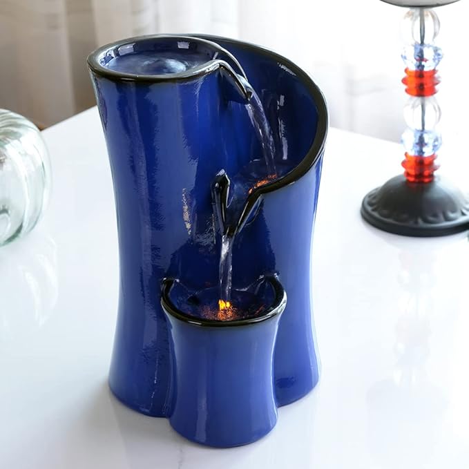 Indoor Water Fountain Imitation Ceramics Appearance Tabletop Relaxation Desktop Waterfall w/ 3 Reflective led, 9.8 Inch Tall (Blue) - Bloomnest
