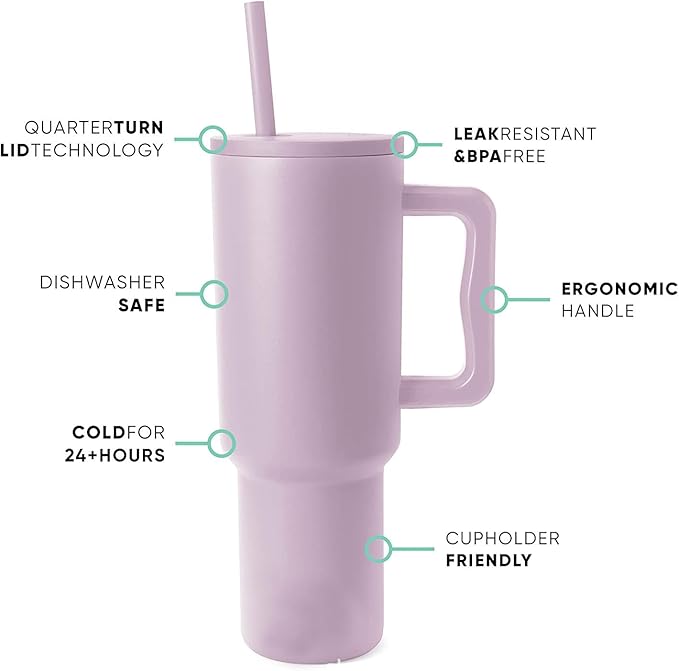 Outdoor Tumbler, 40 oz, Double-Wall Insulated, Ergonomic Handle with Lid Straw (Light Purple) - Bloomnest