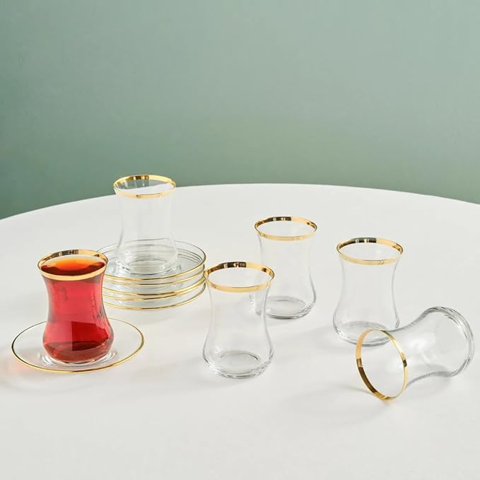 KARACA Sydney Glass Turkish Tea Set for 6 People, Gold, 12 Pieces Tea Service, 6 Turkish Tea Glasses with Saucers, Glass, 5.4 fl oz Tea Plates/Saucers - Bloomnest