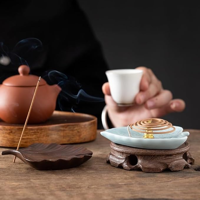 2-Style Ceramic Incense Burner, Bodhi&Ginkgo Leaf Design, Ceramic Incense Holder for Sticks with Ash Catcher&Built-in Stand, Zen Meaning Decor for Home, Office&Yoga/Sage/Cone(Brown and White) - Bloomnest