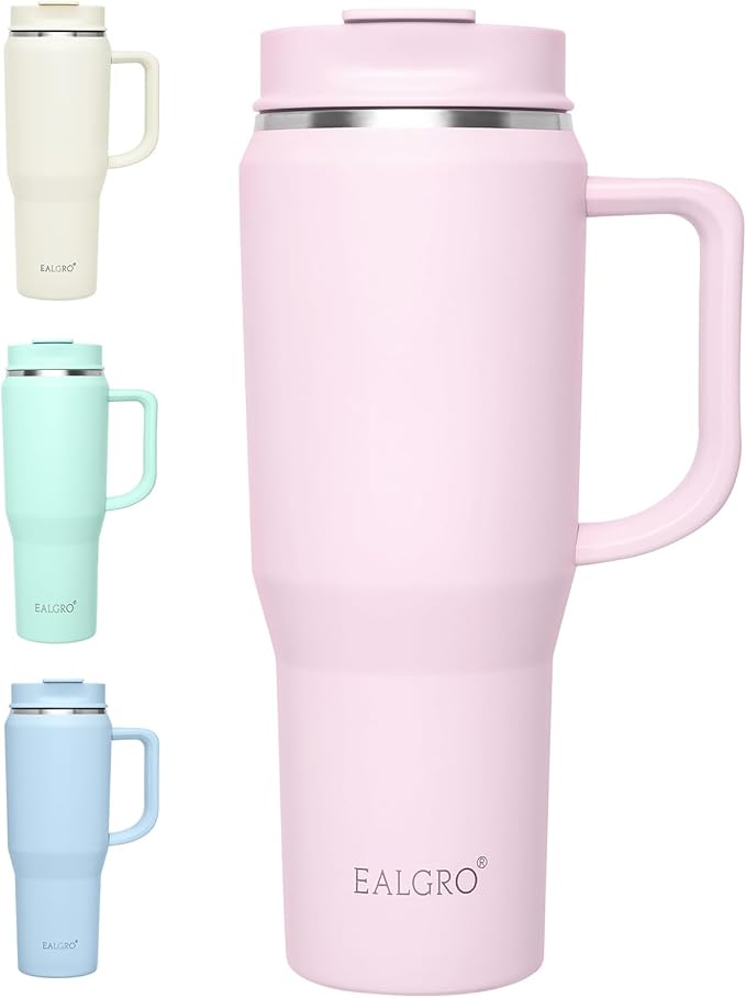 40 oz Tumbler with Handle, Insulated Tumblers with Lid and Straw, Large Metal Sports Water Bottle Jug, Thermal Stainless Steel Travel Coffee Mug Cup, Blush - Bloomnest