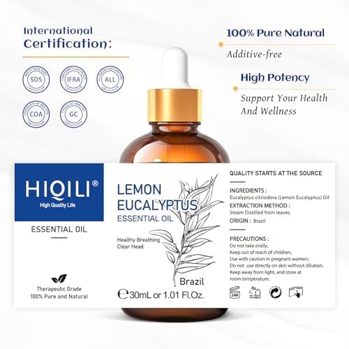 HIQILI Lemon Eucalyptus Oil, for Spary, Diffuser, Indoors, Outdoors, Garden, Yard, 100% Pure Natural - 1.01 Fl Oz - Bloomnest