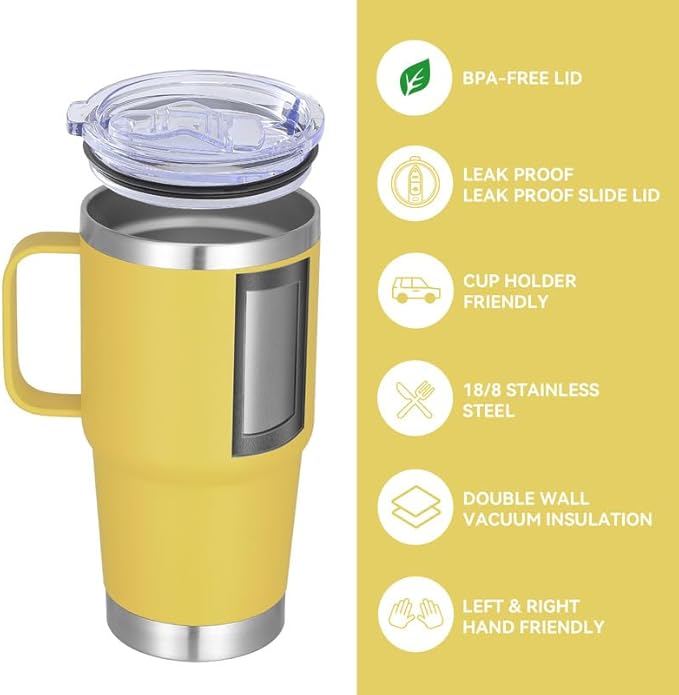 VEGOND 20 oz Tumbler Bulk with Handle Lid and Straw, Stainless Steel Insulated Travel Coffee Mug Set, Spill Proof Double Wall Metal Tumblers Cups, Powder Yellow 12 Pack - Bloomnest