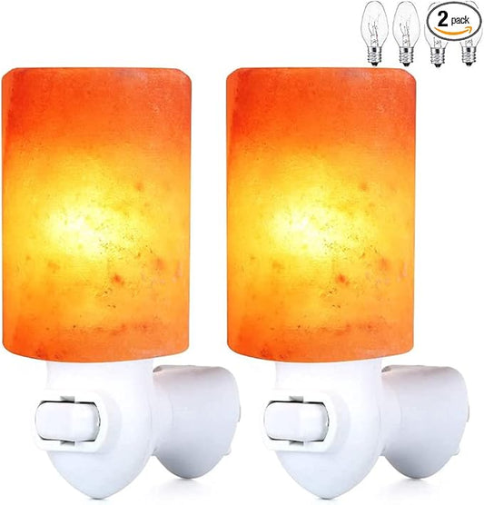 Himalayan Salt Lamp Plug in Night Light 2 Pack, 360 Degree Adjustable Wall Plug & Extra 4 Replacement Bulbs Bathroom Bedroom Night Light, Pink Crystal Rock Salt Hand Crafted Cylinder Size - Bloomnest