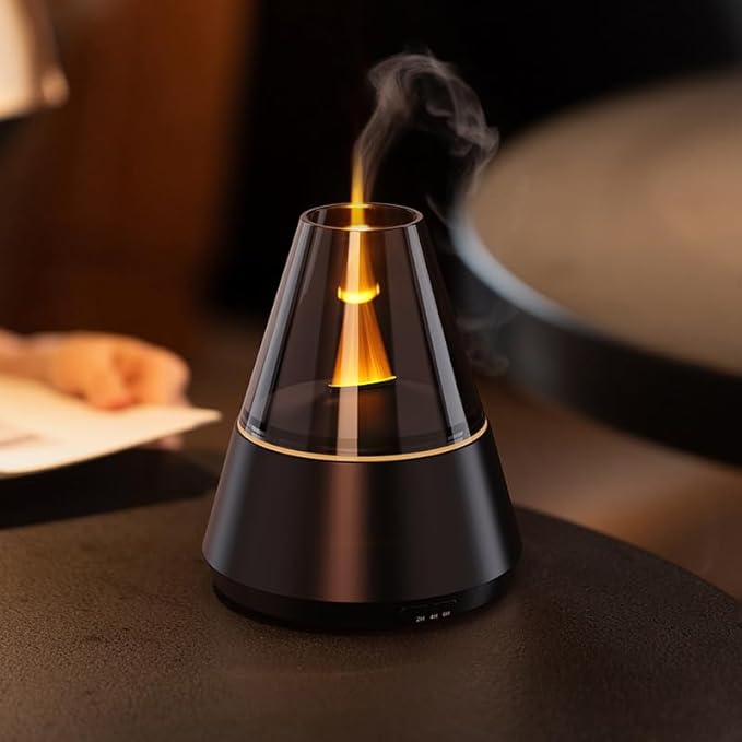 Ultrasonic Aroma Diffuser with Simulated Flame, 150ml, Timer and Auto-Off, LED Ambient Light (Black) - Bloomnest