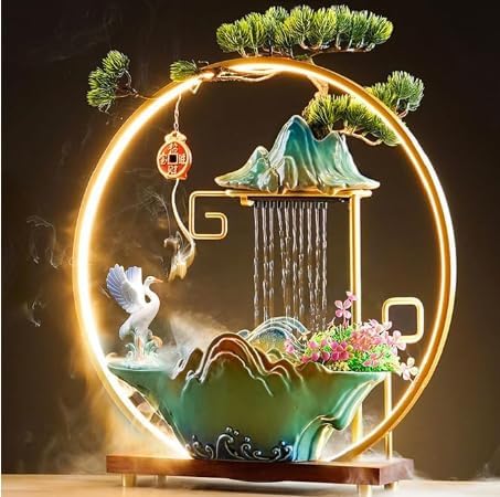 Tabletop Water Fountains, Indoor Water Fall with LED Light Zen Decor for Meditation with Mist, Japanese Decor with Fake Plants Feng Shui Decor for Good Luck Wealth - Bloomnest