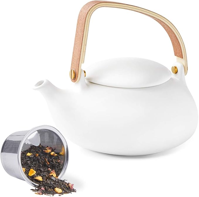 ZENS Teapot with Infuser, Ceramic Japanese 2cup Teapot for Loose Leaf Tea, 800ml Small Matte White Porcelain Tea Pot Gift with Modern Bentwood Handle - Bloomnest