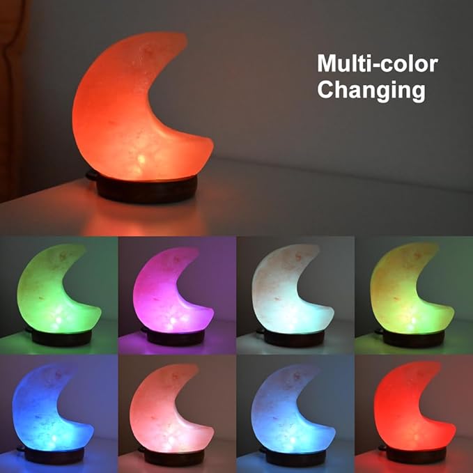 FANHAO Himalayan Salt Lamp, 100% Authentic Natural Hand Carved Moon Pink Crystal Rock Salt with 8 Color Changing, USB Salt Rock Lamp Night Light for Home Decor and Gift, Neem Wooden Base - Bloomnest