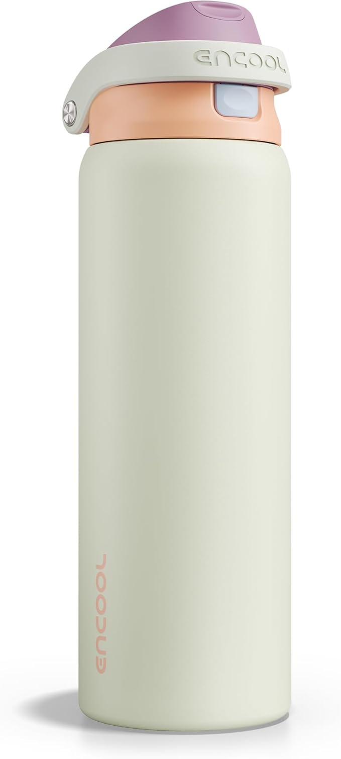 ENCOOL Leakproof Insulated Water Bottle with Straw Dual-Sip Water Bottle Bag-Safe Design for Work, Commute & Gym – Keeps Drinks Cold All Day, 32 oz, Sand Beige ENCOOL
