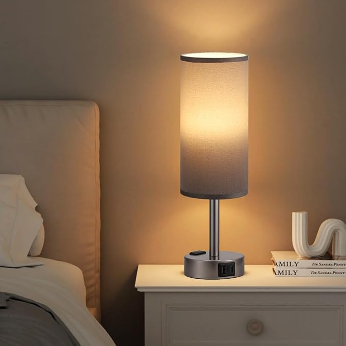 Fenmzee Grey Bedside Table Lamp for Bedroom - 3 Way Dimmable Touch Lamp USB C Charging Ports and AC Outlet, Small Lamp for Living Room, Desk, LED Bulb Included - Bloomnest