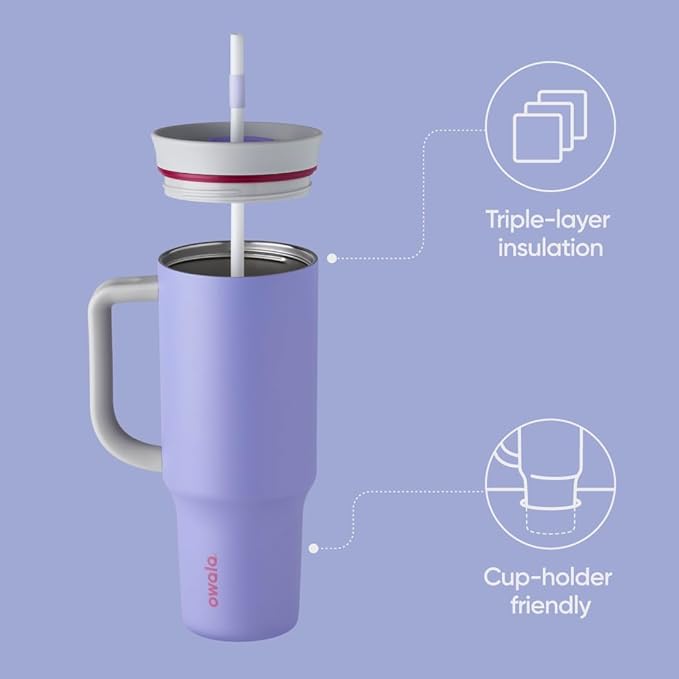 Owala Stainless Steel Triple Layer Insulated Travel Tumbler with Spill Resistant Lid, Straw, and Carry Handle, BPA Free, 40 oz, Light Purple (Whimsical Daydream) - Bloomnest