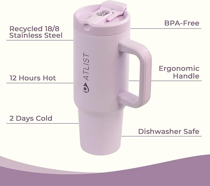 100% Leakproof 40 oz Tumbler with Handle & 4-in-1 SipSwig Lid, Built-In Flip Straw & External Stainless Steel Straw, Insulated Stainless Steel Cup, BPA-Free, Purple - Bloomnest