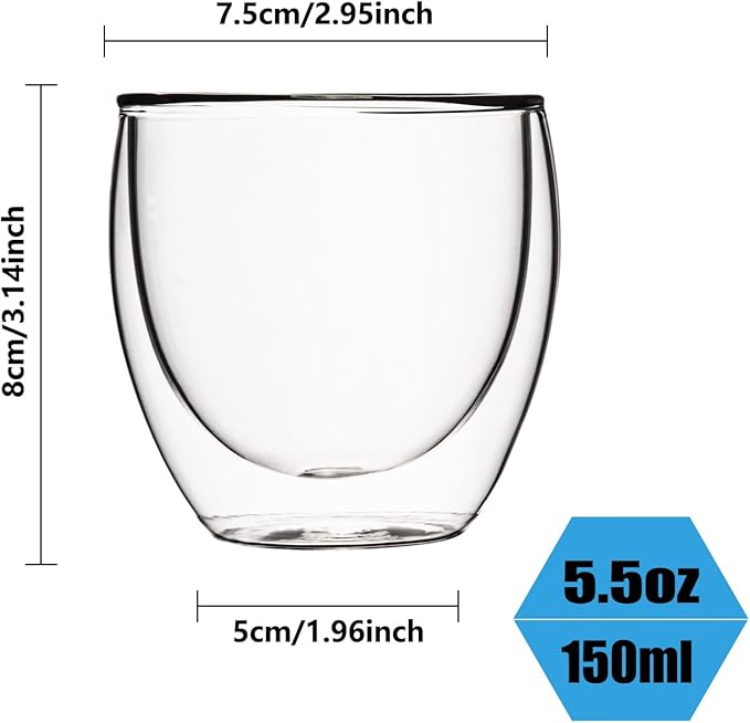 5.5oz Glass Coffee Mugs Set of 2, Double Walled Espresso Cups for Latte Cappuccino Cocoa Milk Cafe Juice, Clear Glass Tea Cup Set Glassware Gift for Christmas Birthday - Bloomnest