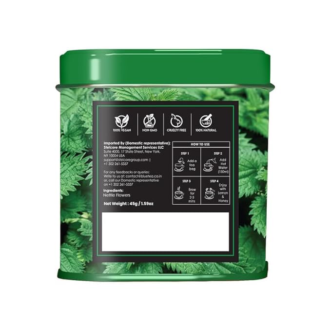BLUE TEA - Nettle Tea - 30 Count - Plant Based Pyramid Tea Bag | Supports Joint Health & Overall Wellness | Herbal Tea - Caffeine Free - Calming Tea - Vegan - Non-Bitter | Leaf Based | Tin Pack - Bloomnest