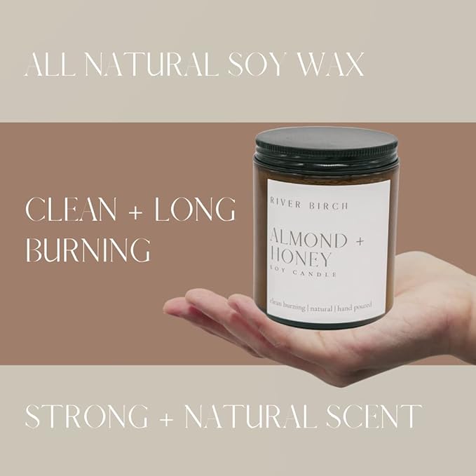 River Birch Candles Almond + Honey Scented Candle | Premium, All-Natural, Non-Toxic, Soy Amber Jar Candles | 8.5oz 40 Hr Burn Time | Cozy Relaxing Gifts for Home - Bloomnest