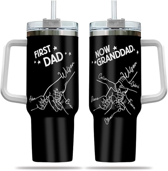 First Dad Now Granddad 40oz Tumbler with Handle and Straw, Personalized Mug with Hand Holding Design and Custom Names, Gift for Grandpa from Kids and Grandkids for Father’s Day or Birthday - Bloomnest
