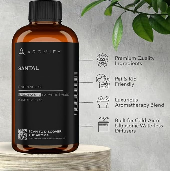 Santal Diffuser Oil, 6.7 FL Oz, 200 mL Diffuser Fragrance Oil for Home, Bathroom & Office, Aromatherapy Blend of Natural Essential Oil, Sandalwood & Musk Scent. - Bloomnest