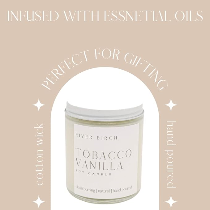 River Birch Candles Tobacco Vanilla Scented Candle | Premium, All-Natural, Non-Toxic, Soy Candles | 8.5oz 40 Hr Burn Time | Cozy Relaxing Gifts for Home - Bloomnest