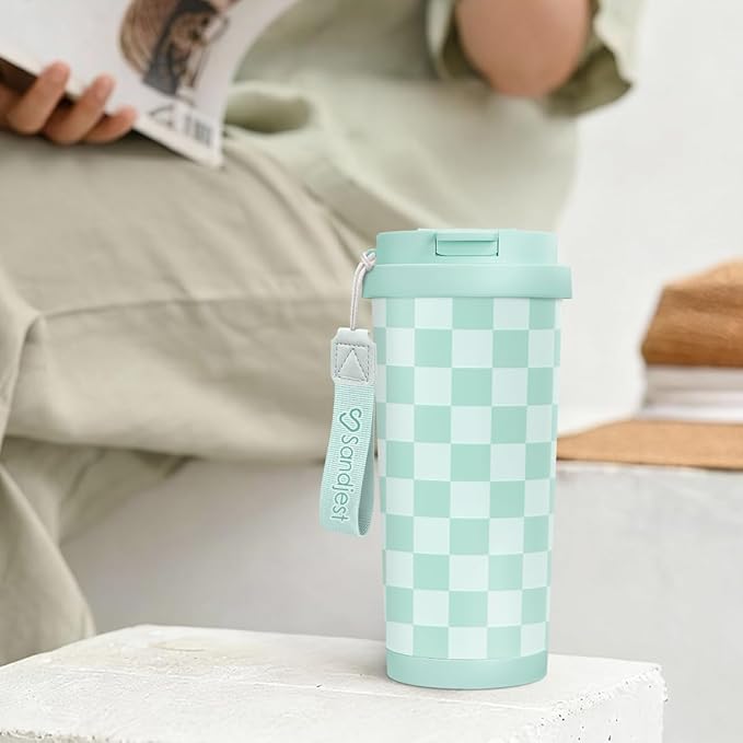 Checkered Tumbler - Stainless Steel 2-in-1 Lid Coffee Tumbler 18 oz, Checker Insulated Travel Mug Gift for Women Girls Teens, Birthday Christmas (Mint) - Bloomnest