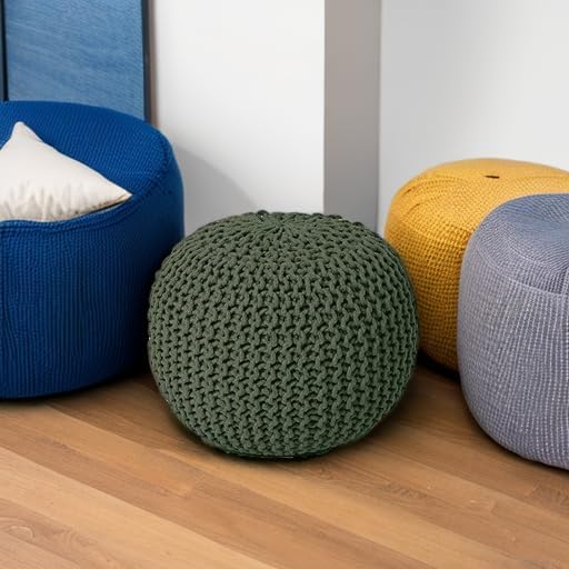 REDEARTH Round Hand Knitted Pouf - Foot Stool Bean Bag Ottoman - Cord Boho Pouffe - Poof Accent Beanbag Footrest for Living Room - Bedroom - Patio - Lounge (19.5"x19.5"x14") - Olive - Bloomnest