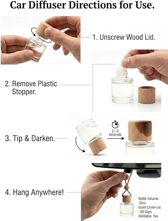 Hanging Car Air Diffuser - Glass and Wood Essential Oil Car Air Freshener - Long Lasting Rearview Mirror Scent - FyrBugg Apothecary, LLC - 10ml (A Day At The Spa) Bloomnest
