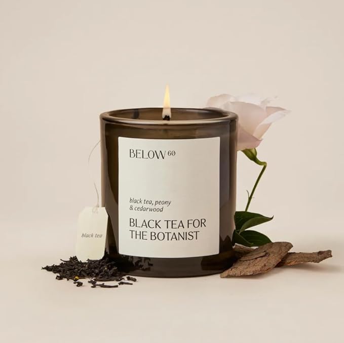Below 60 Scented Candle – Black Tea for The Botanist – Essential Oil-Based Fragrance – Hand-Made with Paraffin-Free Soy Wax – 50 hr Burn Time - by Hilary Duff - Black Tea, Peony, Cedarwood (10oz) - Bloomnest