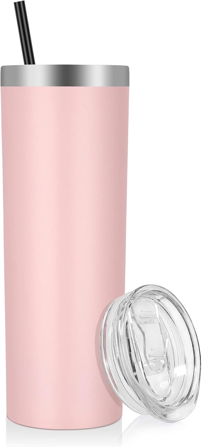 VEGOND Stainless Steel Skinny Tumbler, 20 oz Vacuum Insulated Tumbler with Lid and Straw, Double Wall Coffee Cup, Travel Mug for Cold Hot Drinks, Light Pink 1 Pack - Bloomnest