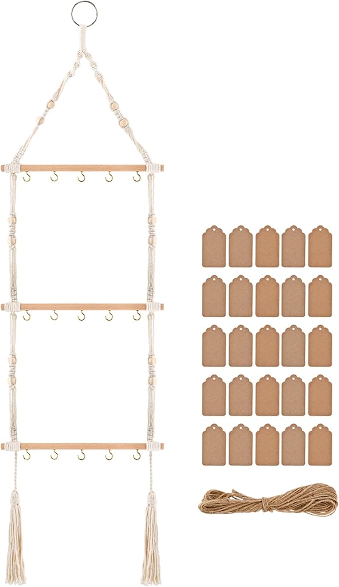 3-Tier Hanging Herb Drying Rack, Includes 25 Gift Tags & 32ft Natural Jute Twine, Handwoven Hanging Herb Dryer Rack Plant Hanger for Drying Herbs, Flowers, Sage(COLOR:Beige) - Bloomnest
