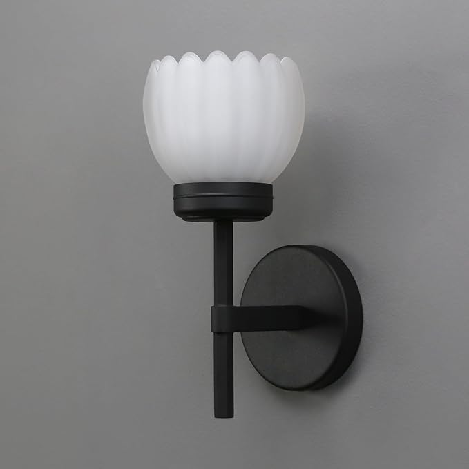 Yosoan Brass Boho Indoor Vintage Wall Sconce Set of 2, Modern Vanity Finished Industrial Hardwired Wall Mounted with Milk Transparent Tulip Flower Shade for Living Room Bedroom Kitchen Hallway(Black) - Bloomnest