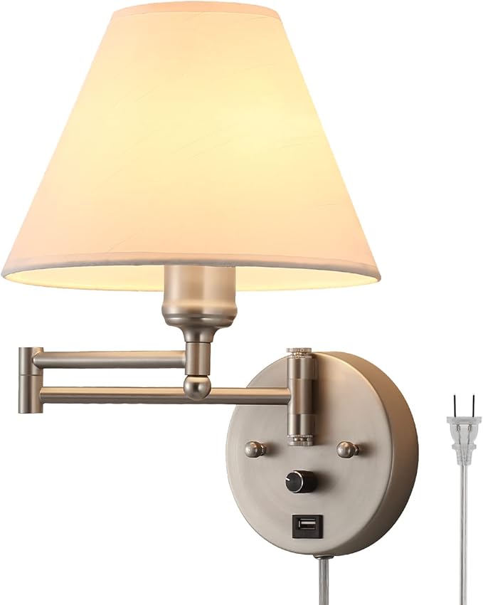 Swing Arm Wall Sconces, Plug-in Wall lamp,Bedroom Wall lamp ， White Fabric Shade，，with dimmable Switch and USB Charging Port, Suitable for Bedside, Living Room, Reading (Nickel) - Bloomnest