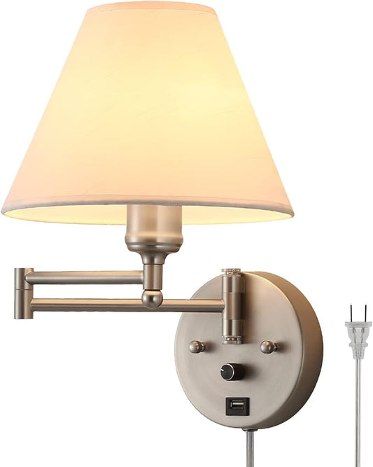 Swing Arm Wall Sconces, Plug-in Wall lamp,Bedroom Wall lamp ， White Fabric Shade，，with dimmable Switch and USB Charging Port, Suitable for Bedside, Living Room, Reading (Nickel) - Bloomnest