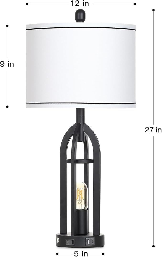27" Tall Vintage Table Lamp with USB C+A & Outlet,Black Industrial End Table Lamp for Living Room,Farmhouse Rustic Bedside Lamps with Night Light for Bedroom Nightstand,Black（2 LED Bulbs Included） - Bloomnest