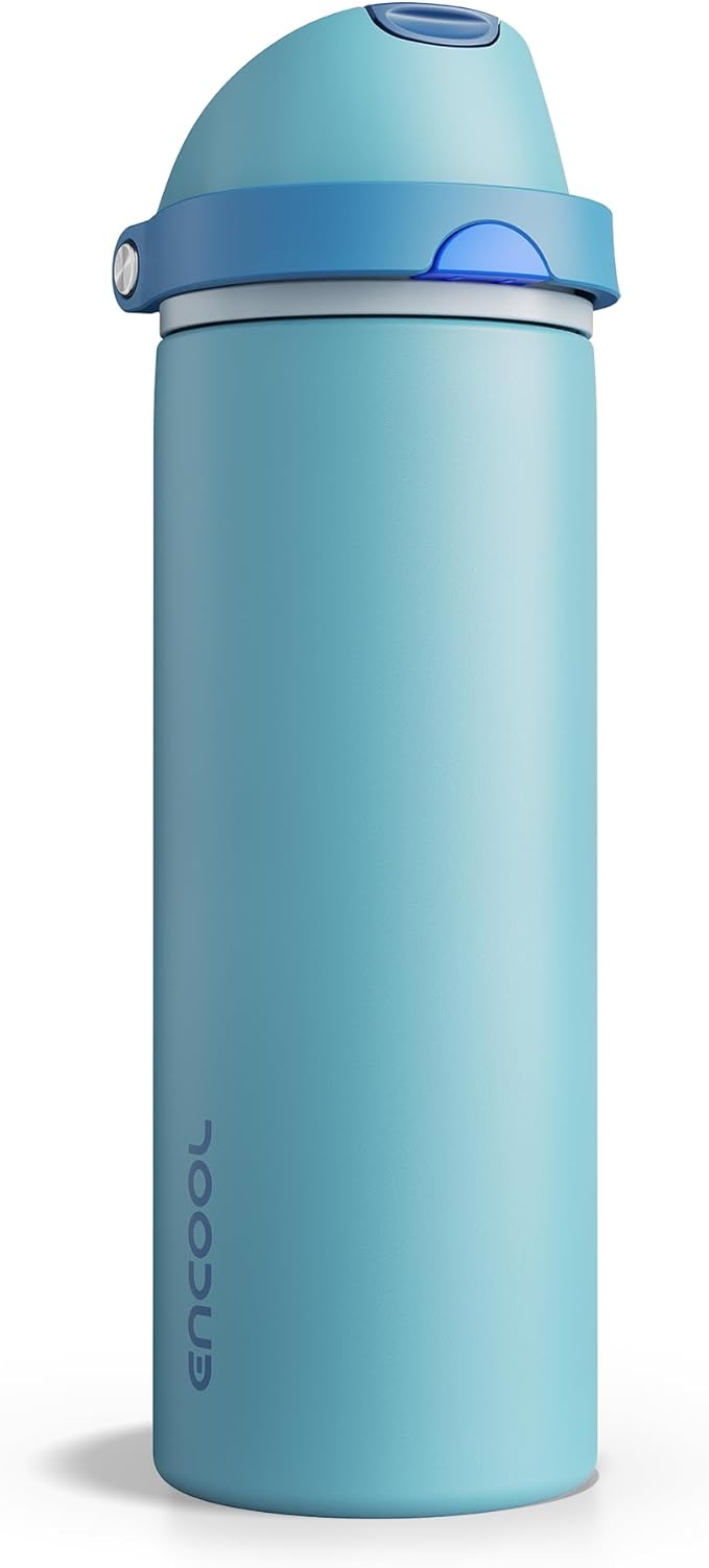 Insulated Water Bottle with Straw - Encool Stainless Steel Water Bottle with Push Button Lid, Leak-Proof & BPA-Free, Keeps Cold for 24 Hours for Sports, Travel, Gym (24 oz, Silk Blue) ENCOOL