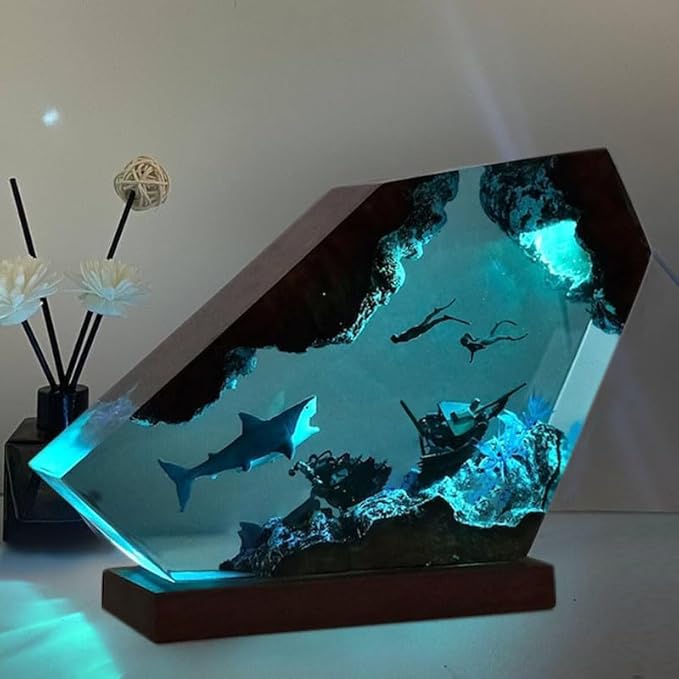Shark Ocean Resin Lamp, Handmade Wooden Table Resin Night Light, USB Port Art Ornaments for Home Office Decor, Scuba Diver Gifts for Birthday Holiday, Valentine's Day Gifts for Husband - Bloomnest