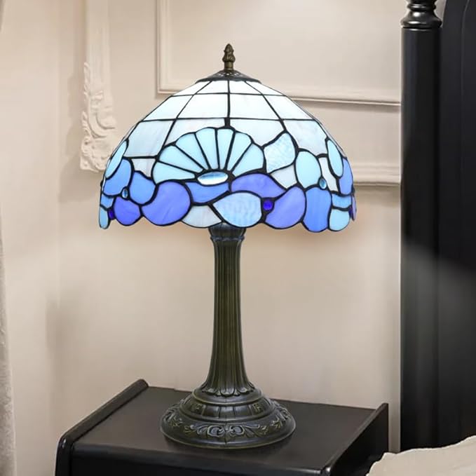 Blue Sea Style Stained Glass Table Lamps Shell Tiffany Lamp Bedroom Bedside Living Room Aesthetic Vintage Accent Farmhouse Night Light for End Table Office Nightstand End Table Desk Reding 12X19 Inch - Bloomnest