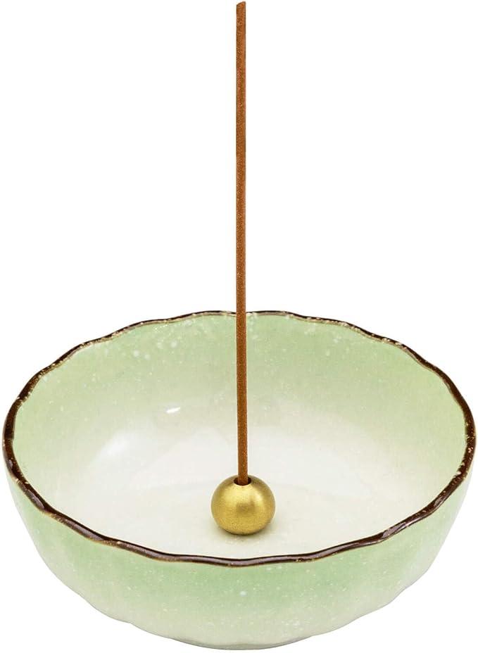 Asayu Japanese Lotus Incense Holder for Sticks 4.1 inch (105mm), Traditional Made in Japan Ceramic Ash Catcher and Brass Incense Burner Set - Light Green - Bloomnest