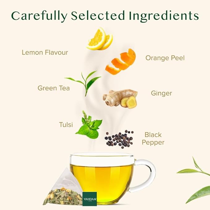 VAHDAM, Lemon Ginger Tea Bags (100 Green Tea Bags) Low Caffeine | Fruity Flavor - Zesty Lemon & Ginger, Orange Peel | Resealable Ziplock Pouch | Brew Hot or Iced Tea - Bloomnest