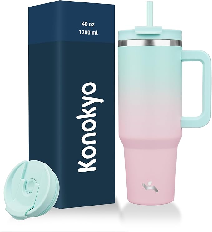 40 oz Tumbler with Handle and 2 Straws,2 in 1 Lid Insulated Water Bottle Stainless Steel Travel Coffee Mug,Gum - Bloomnest